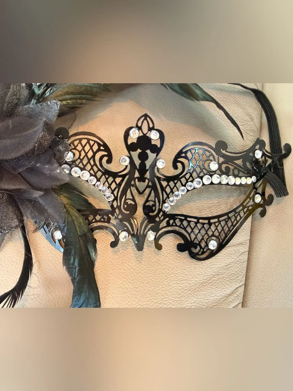 Black Feathered Masquerade Mask with Crystal Accents